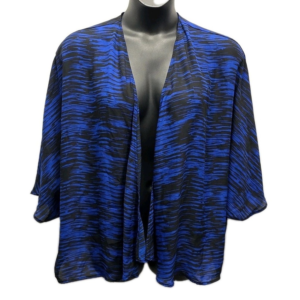 Lane Bryant Kimono Women 18/20 Blue Black Abstract Wave Sheer Open Front Wrap